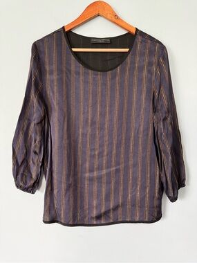 Cristina Gavioli Collection Metallic Stripe Blouse Size 8 Sheer 3/4 Sleeve Top